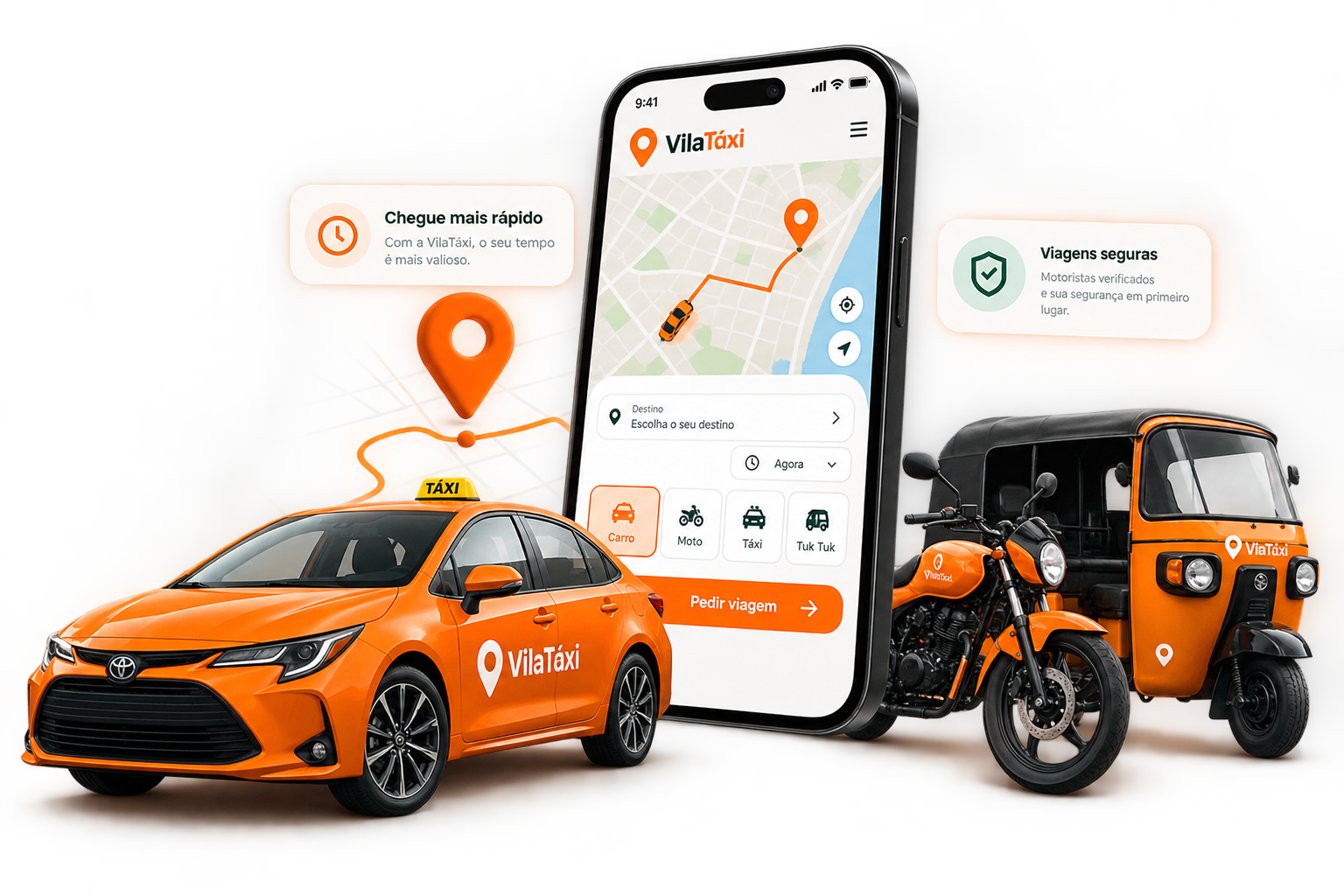 VilaTáxi — experiência de mobilidade com carro, moto, tuk tuk e aplicação